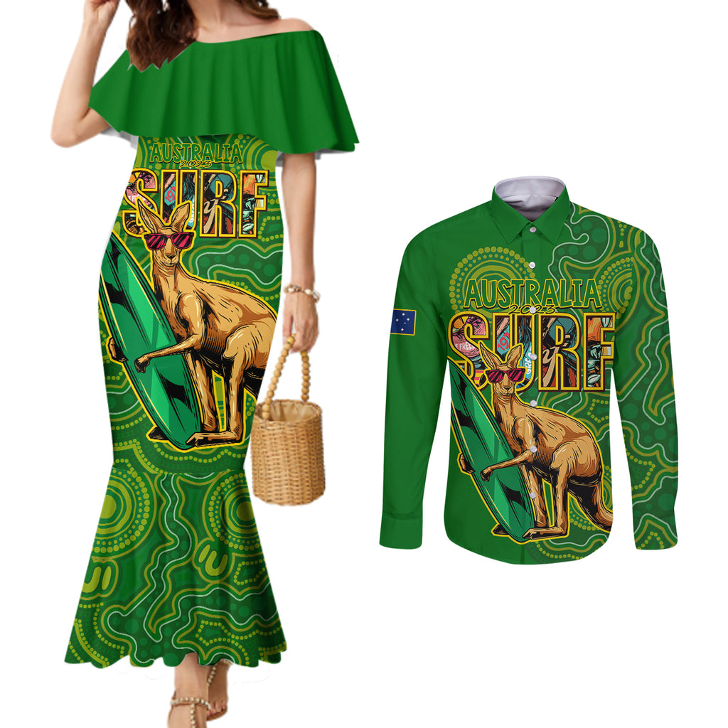 australia-surf-couples-matching-mermaid-dress-and-long-sleeve-button-shirts-2023-happy-kangaroo-indigenous-artsy