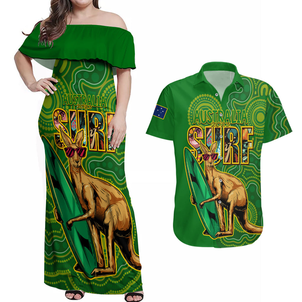 australia-surf-couples-matching-off-shoulder-maxi-dress-and-hawaiian-shirt-2023-happy-kangaroo-indigenous-artsy