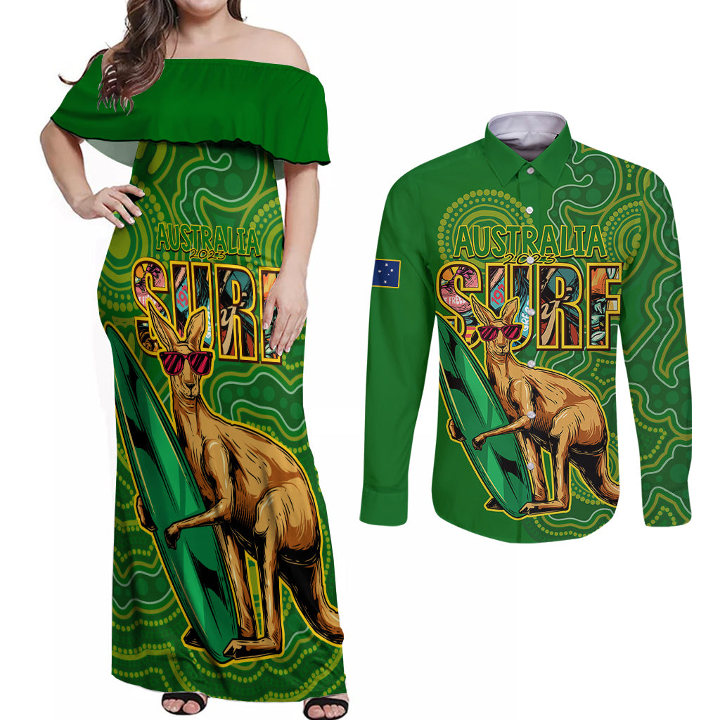 australia-surf-couples-matching-off-shoulder-maxi-dress-and-long-sleeve-button-shirts-2023-happy-kangaroo-indigenous-artsy