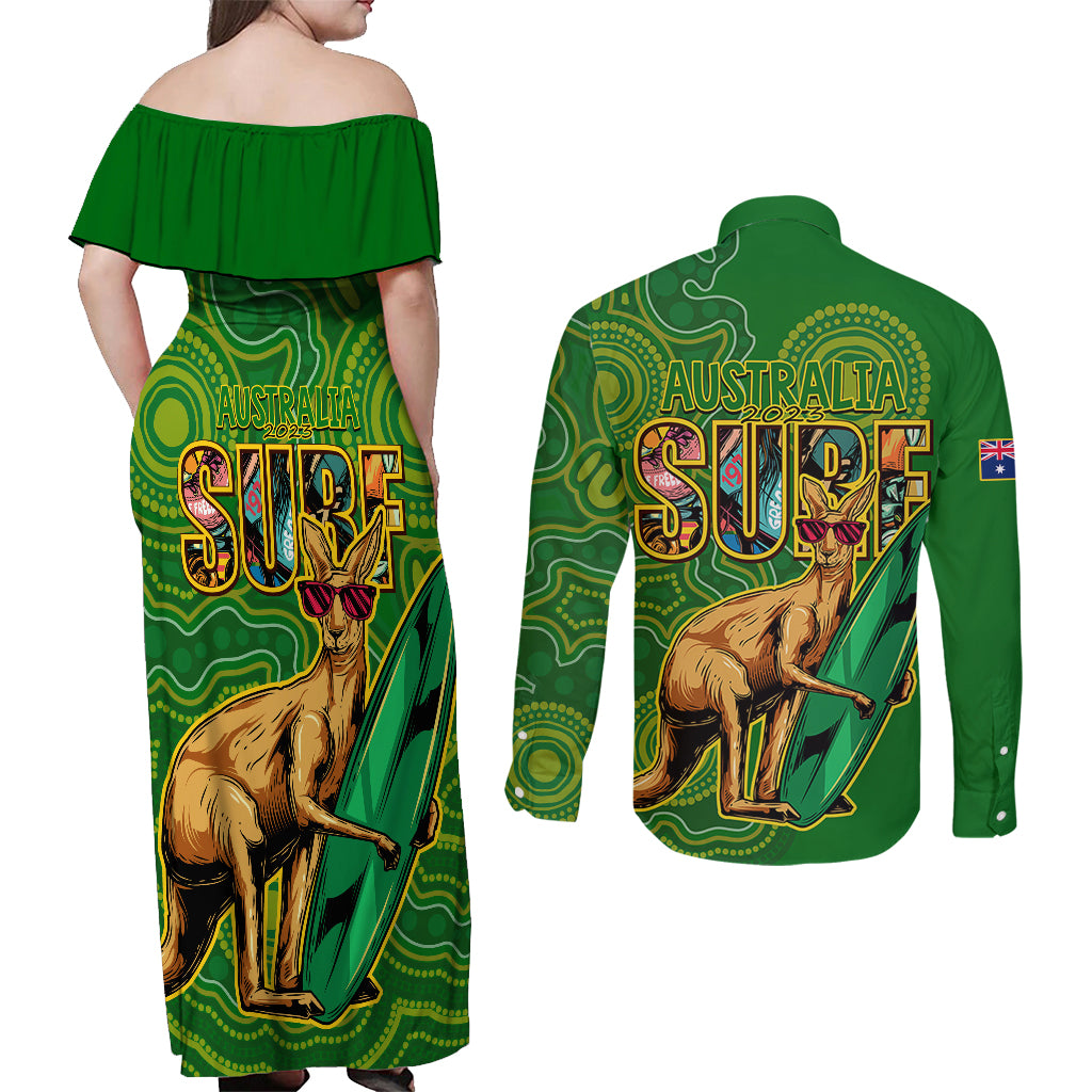 australia-surf-couples-matching-off-shoulder-maxi-dress-and-long-sleeve-button-shirts-2023-happy-kangaroo-indigenous-artsy