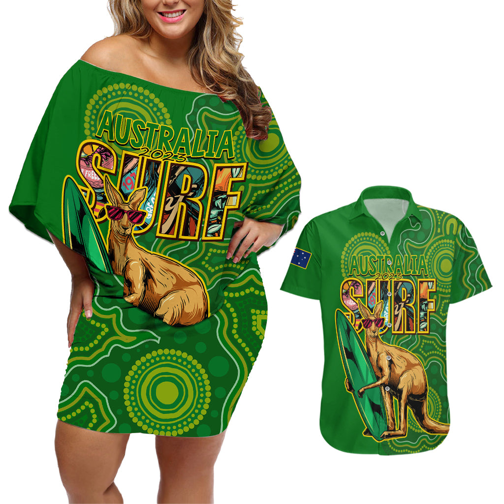 australia-surf-couples-matching-off-shoulder-short-dress-and-hawaiian-shirt-2023-happy-kangaroo-indigenous-artsy