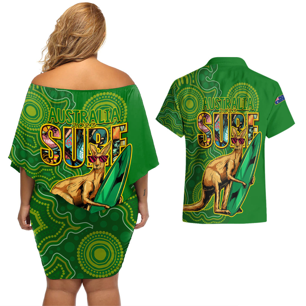 australia-surf-couples-matching-off-shoulder-short-dress-and-hawaiian-shirt-2023-happy-kangaroo-indigenous-artsy