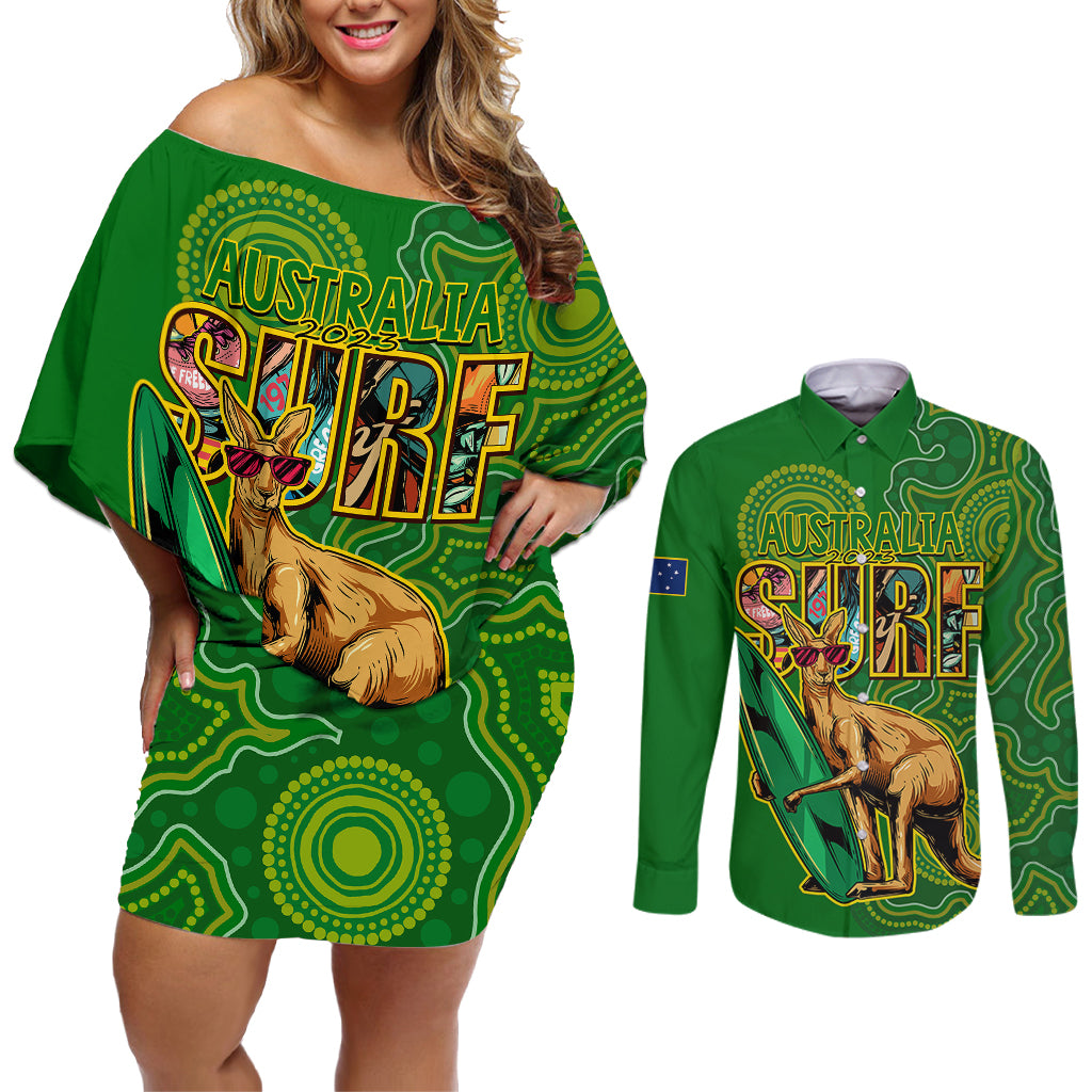 australia-surf-couples-matching-off-shoulder-short-dress-and-long-sleeve-button-shirts-2023-happy-kangaroo-indigenous-artsy