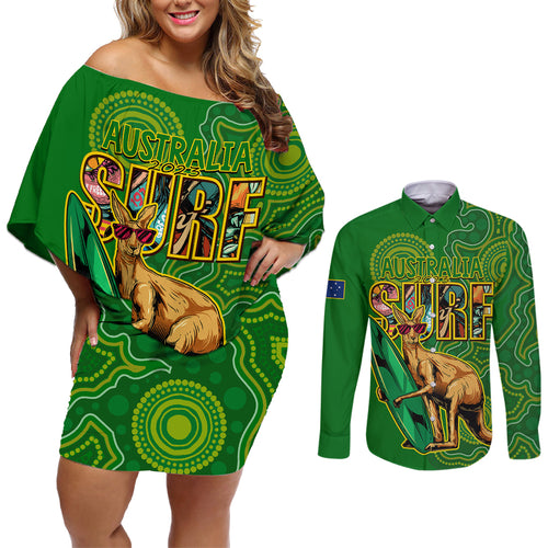 australia-surf-couples-matching-off-shoulder-short-dress-and-long-sleeve-button-shirts-2023-happy-kangaroo-indigenous-artsy