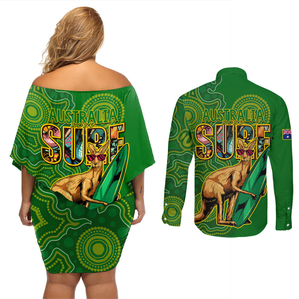 australia-surf-couples-matching-off-shoulder-short-dress-and-long-sleeve-button-shirts-2023-happy-kangaroo-indigenous-artsy