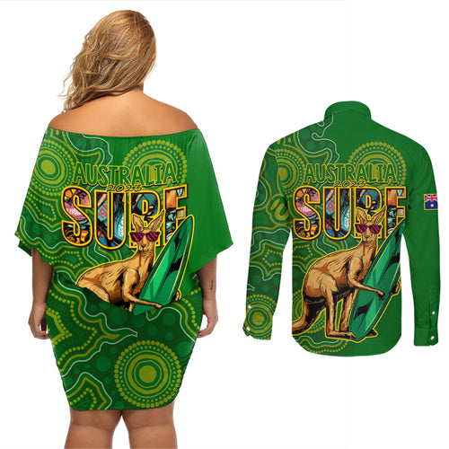 australia-surf-couples-matching-off-shoulder-short-dress-and-long-sleeve-button-shirts-2023-happy-kangaroo-indigenous-artsy