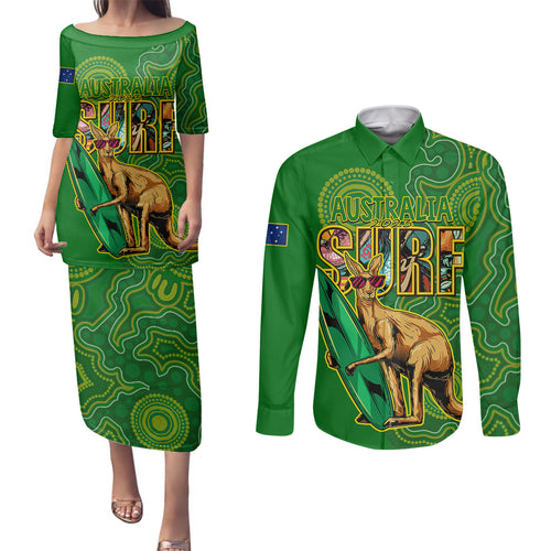 australia-surf-couples-matching-puletasi-dress-and-long-sleeve-button-shirts-2023-happy-kangaroo-indigenous-artsy