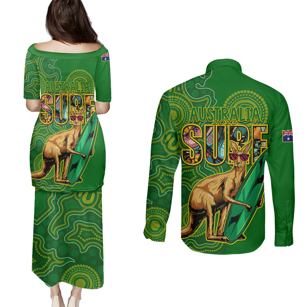 australia-surf-couples-matching-puletasi-dress-and-long-sleeve-button-shirts-2023-happy-kangaroo-indigenous-artsy