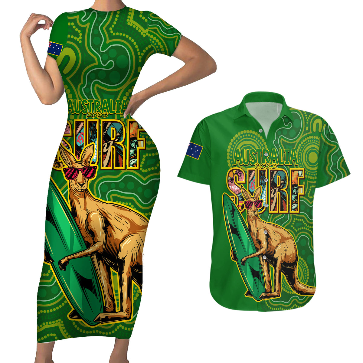 australia-surf-couples-matching-short-sleeve-bodycon-dress-and-hawaiian-shirt-2023-happy-kangaroo-indigenous-artsy