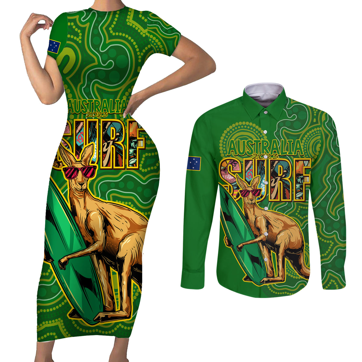 australia-surf-couples-matching-short-sleeve-bodycon-dress-and-long-sleeve-button-shirts-2023-happy-kangaroo-indigenous-artsy