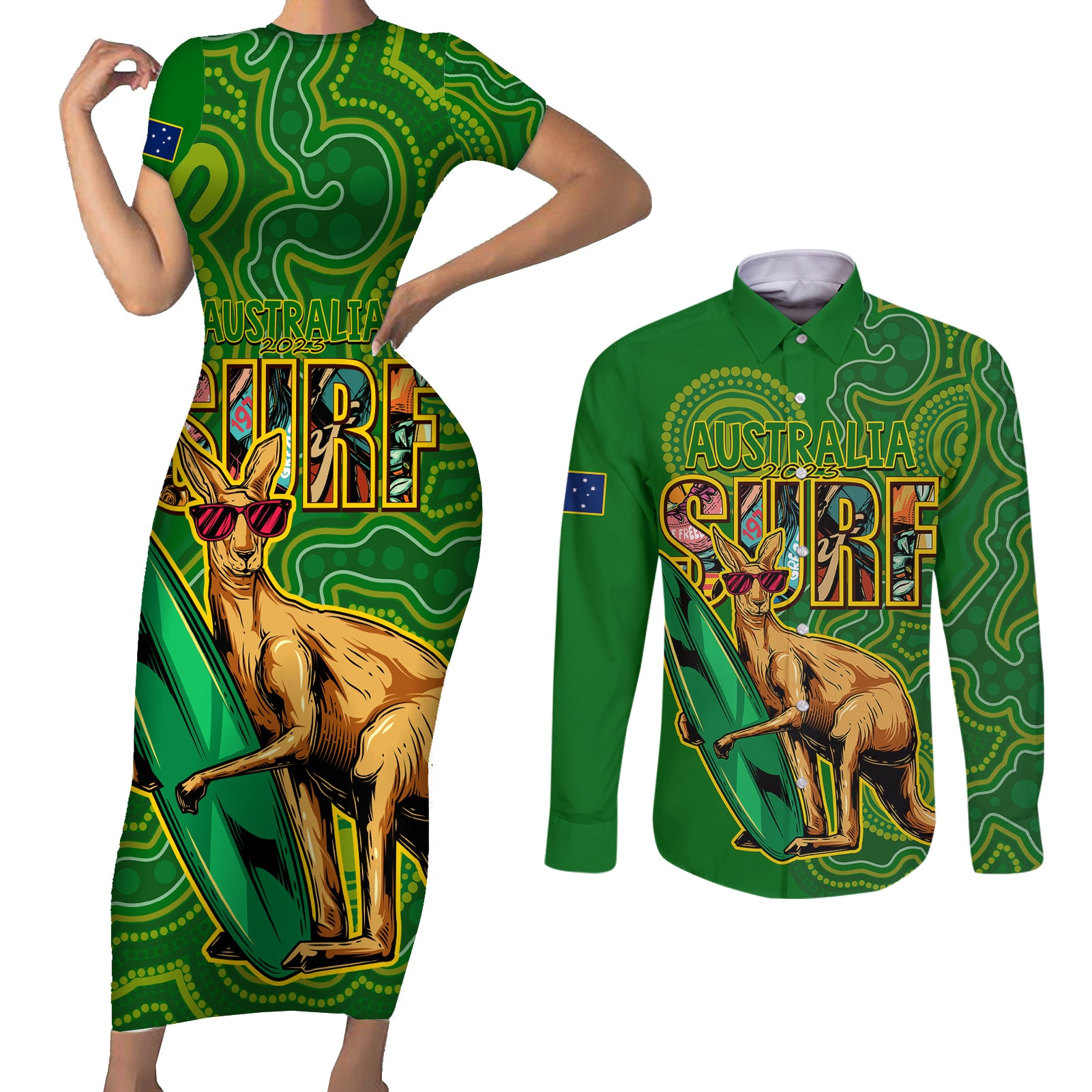 australia-surf-couples-matching-short-sleeve-bodycon-dress-and-long-sleeve-button-shirts-2023-happy-kangaroo-indigenous-artsy