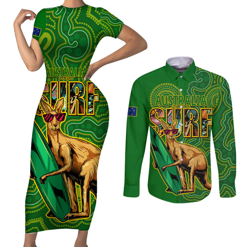 australia-surf-couples-matching-short-sleeve-bodycon-dress-and-long-sleeve-button-shirts-2023-happy-kangaroo-indigenous-artsy