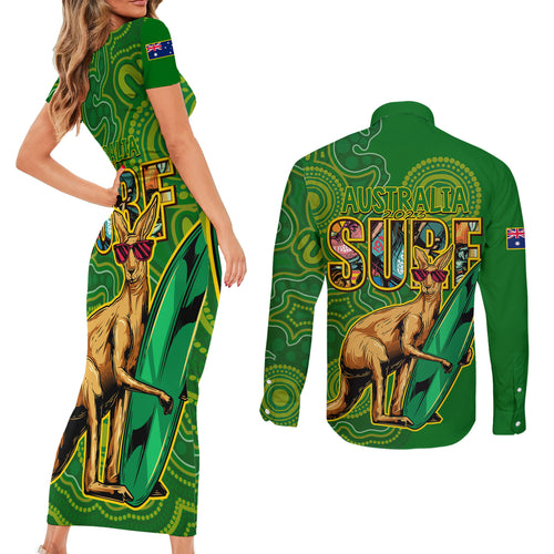 australia-surf-couples-matching-short-sleeve-bodycon-dress-and-long-sleeve-button-shirts-2023-happy-kangaroo-indigenous-artsy