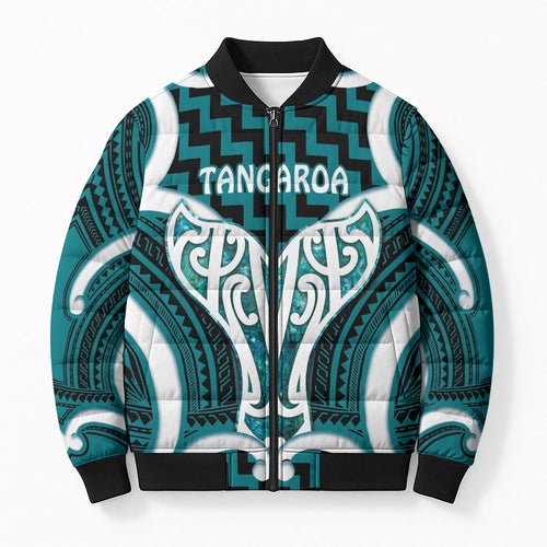 Aotearoa Atua Tangaroa Personalised Bomber Puffer Jacket God Of The Sea Maori Whale Tail Cyan