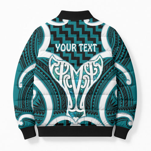 Aotearoa Atua Tangaroa Personalised Bomber Puffer Jacket God Of The Sea Maori Whale Tail Cyan