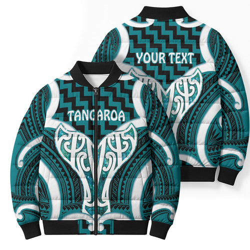 Aotearoa Atua Tangaroa Personalised Bomber Puffer Jacket God Of The Sea Maori Whale Tail Cyan