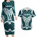 Aotearoa Atua Tangaroa Personalised Couples Matching Long Sleeve Bodycon Dress and Hawaiian Shirt God Of The Sea Maori Whale Tail Cyan