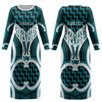 Aotearoa Atua Tangaroa Personalised Couples Matching Long Sleeve Bodycon Dress and Hawaiian Shirt God Of The Sea Maori Whale Tail Cyan