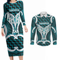 Aotearoa Atua Tangaroa Personalised Couples Matching Long Sleeve Bodycon Dress and Long Sleeve Button Shirt God Of The Sea Maori Whale Tail Cyan