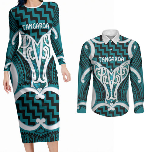 Aotearoa Atua Tangaroa Personalised Couples Matching Long Sleeve Bodycon Dress and Long Sleeve Button Shirt God Of The Sea Maori Whale Tail Cyan