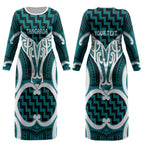 Aotearoa Atua Tangaroa Personalised Couples Matching Long Sleeve Bodycon Dress and Long Sleeve Button Shirt God Of The Sea Maori Whale Tail Cyan