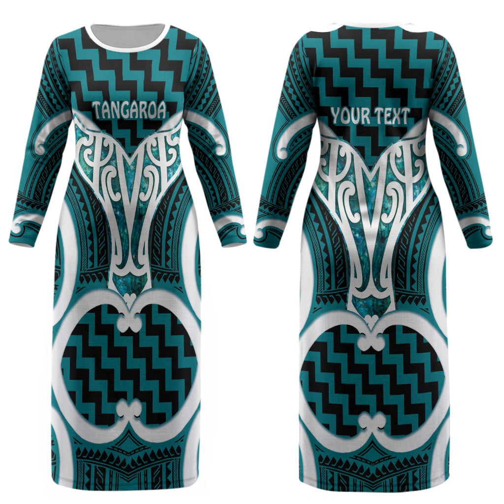 Aotearoa Atua Tangaroa Personalised Couples Matching Long Sleeve Bodycon Dress and Long Sleeve Button Shirt God Of The Sea Maori Whale Tail Cyan