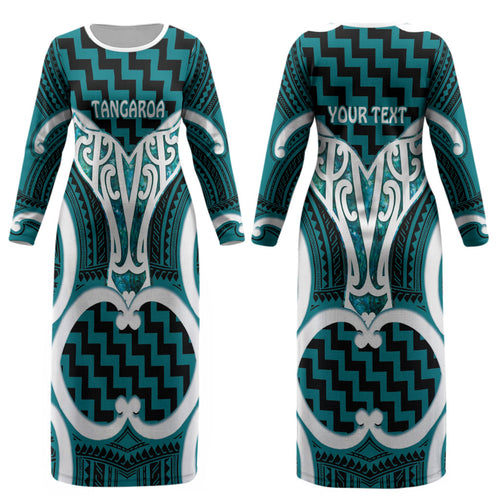 Aotearoa Atua Tangaroa Personalised Couples Matching Long Sleeve Bodycon Dress and Long Sleeve Button Shirt God Of The Sea Maori Whale Tail Cyan
