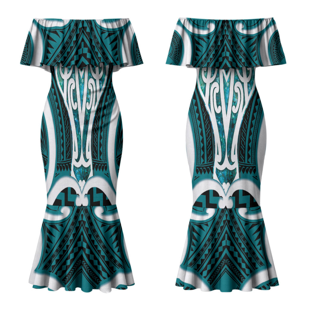 Aotearoa Atua Tangaroa Personalised Couples Matching Mermaid Dress and Hawaiian Shirt God Of The Sea Maori Whale Tail Cyan