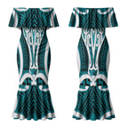 Aotearoa Atua Tangaroa Personalised Couples Matching Mermaid Dress and Hawaiian Shirt God Of The Sea Maori Whale Tail Cyan