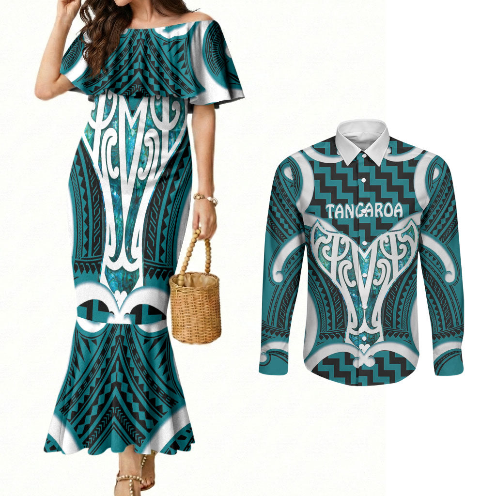 Aotearoa Atua Tangaroa Personalised Couples Matching Mermaid Dress and Long Sleeve Button Shirt God Of The Sea Maori Whale Tail Cyan