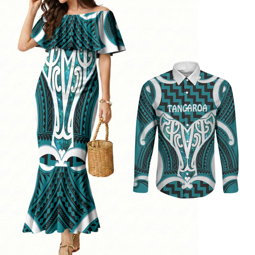 Aotearoa Atua Tangaroa Personalised Couples Matching Mermaid Dress and Long Sleeve Button Shirt God Of The Sea Maori Whale Tail Cyan