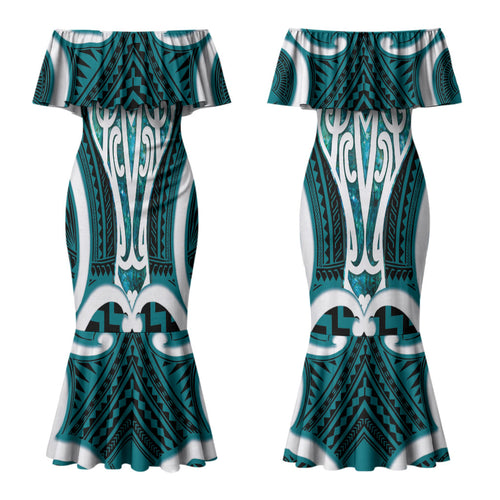 Aotearoa Atua Tangaroa Personalised Couples Matching Mermaid Dress and Long Sleeve Button Shirt God Of The Sea Maori Whale Tail Cyan