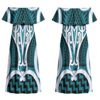 Aotearoa Atua Tangaroa Personalised Couples Matching Off Shoulder Maxi Dress and Long Sleeve Button Shirt God Of The Sea Maori Whale Tail Cyan