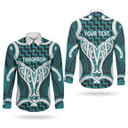 Aotearoa Atua Tangaroa Personalised Couples Matching Off Shoulder Short Dress and Long Sleeve Button Shirt God Of The Sea Maori Whale Tail Cyan
