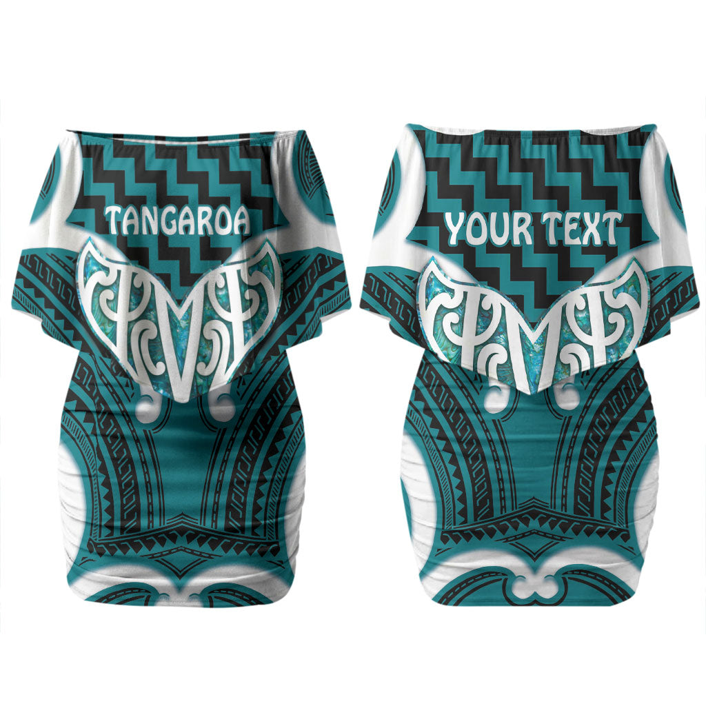 Aotearoa Atua Tangaroa Personalised Couples Matching Off Shoulder Short Dress and Long Sleeve Button Shirt God Of The Sea Maori Whale Tail Cyan