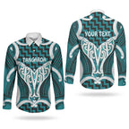 Aotearoa Atua Tangaroa Personalised Couples Matching Off The Shoulder Long Sleeve Dress and Long Sleeve Button Shirt God Of The Sea Maori Whale Tail Cyan