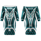 Aotearoa Atua Tangaroa Personalised Couples Matching Off The Shoulder Long Sleeve Dress and Long Sleeve Button Shirt God Of The Sea Maori Whale Tail Cyan