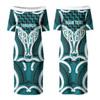 Aotearoa Atua Tangaroa Personalised Couples Matching Puletasi and Long Sleeve Button Shirt God Of The Sea Maori Whale Tail Cyan
