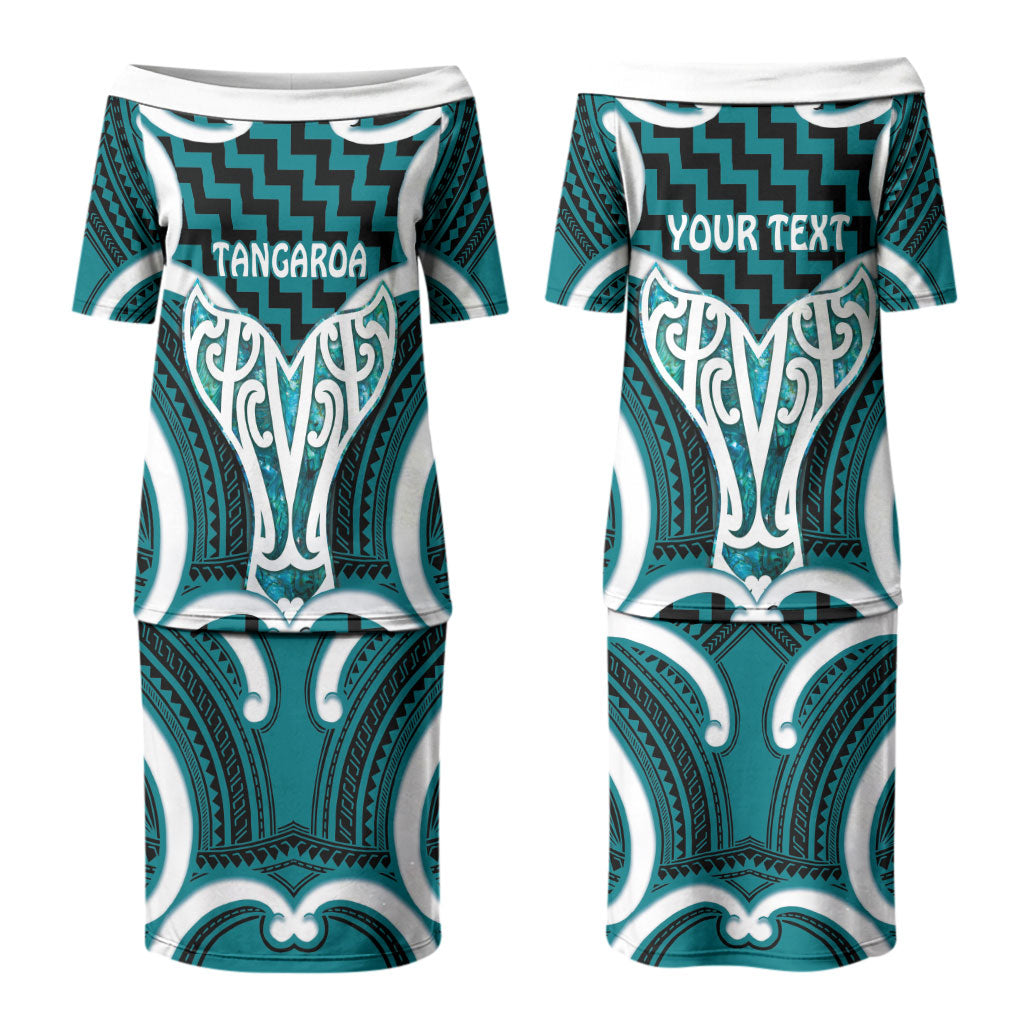 Aotearoa Atua Tangaroa Personalised Couples Matching Puletasi and Long Sleeve Button Shirt God Of The Sea Maori Whale Tail Cyan