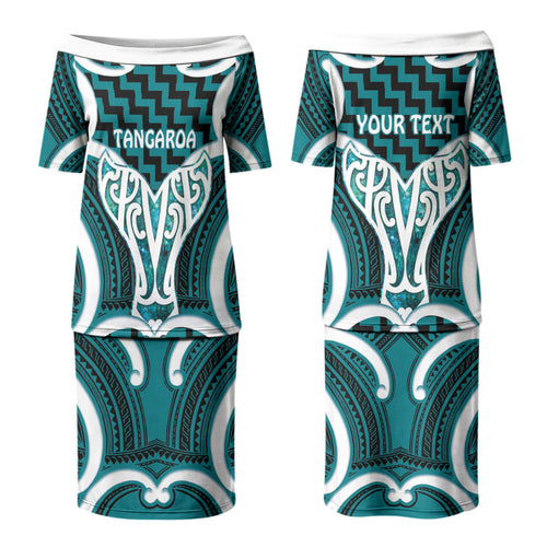 Aotearoa Atua Tangaroa Personalised Couples Matching Puletasi and Long Sleeve Button Shirt God Of The Sea Maori Whale Tail Cyan