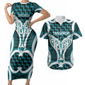 Aotearoa Atua Tangaroa Personalised Couples Matching Short Sleeve Bodycon Dress and Hawaiian Shirt God Of The Sea Maori Whale Tail Cyan