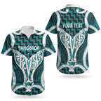 Aotearoa Atua Tangaroa Personalised Couples Matching Short Sleeve Bodycon Dress and Hawaiian Shirt God Of The Sea Maori Whale Tail Cyan