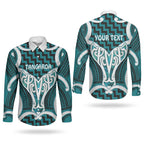 Aotearoa Atua Tangaroa Personalised Couples Matching Short Sleeve Bodycon Dress and Long Sleeve Button Shirt God Of The Sea Maori Whale Tail Cyan