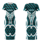 Aotearoa Atua Tangaroa Personalised Couples Matching Short Sleeve Bodycon Dress and Long Sleeve Button Shirt God Of The Sea Maori Whale Tail Cyan