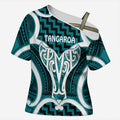 Aotearoa Atua Tangaroa Personalised Cross Shoulder Shirt God Of The Sea Maori Whale Tail Cyan