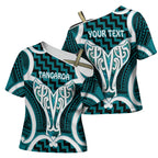 Aotearoa Atua Tangaroa Personalised Cross Shoulder Shirt God Of The Sea Maori Whale Tail Cyan