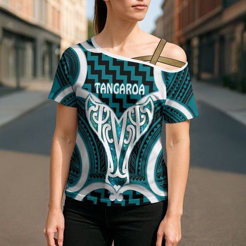 Aotearoa Atua Tangaroa Personalised Cross Shoulder Shirt God Of The Sea Maori Whale Tail Cyan