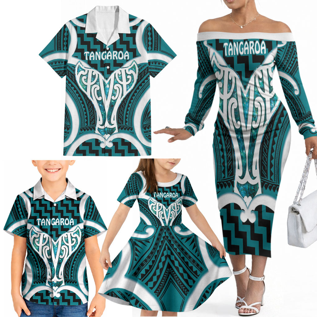 Aotearoa Atua Tangaroa Personalised Family Matching Off The Shoulder Long Sleeve Dress and Hawaiian Shirt God Of The Sea Maori Whale Tail Cyan