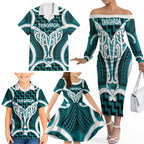 Aotearoa Atua Tangaroa Personalised Family Matching Off The Shoulder Long Sleeve Dress and Hawaiian Shirt God Of The Sea Maori Whale Tail Cyan