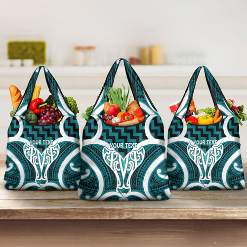 Aotearoa Atua Tangaroa Personalised Grocery Bag God Of The Sea Maori Whale Tail Cyan